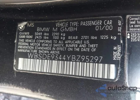 2000 BMW M5 z USA, uszkodzony, nr VIN WBSDE9344YBZ95297